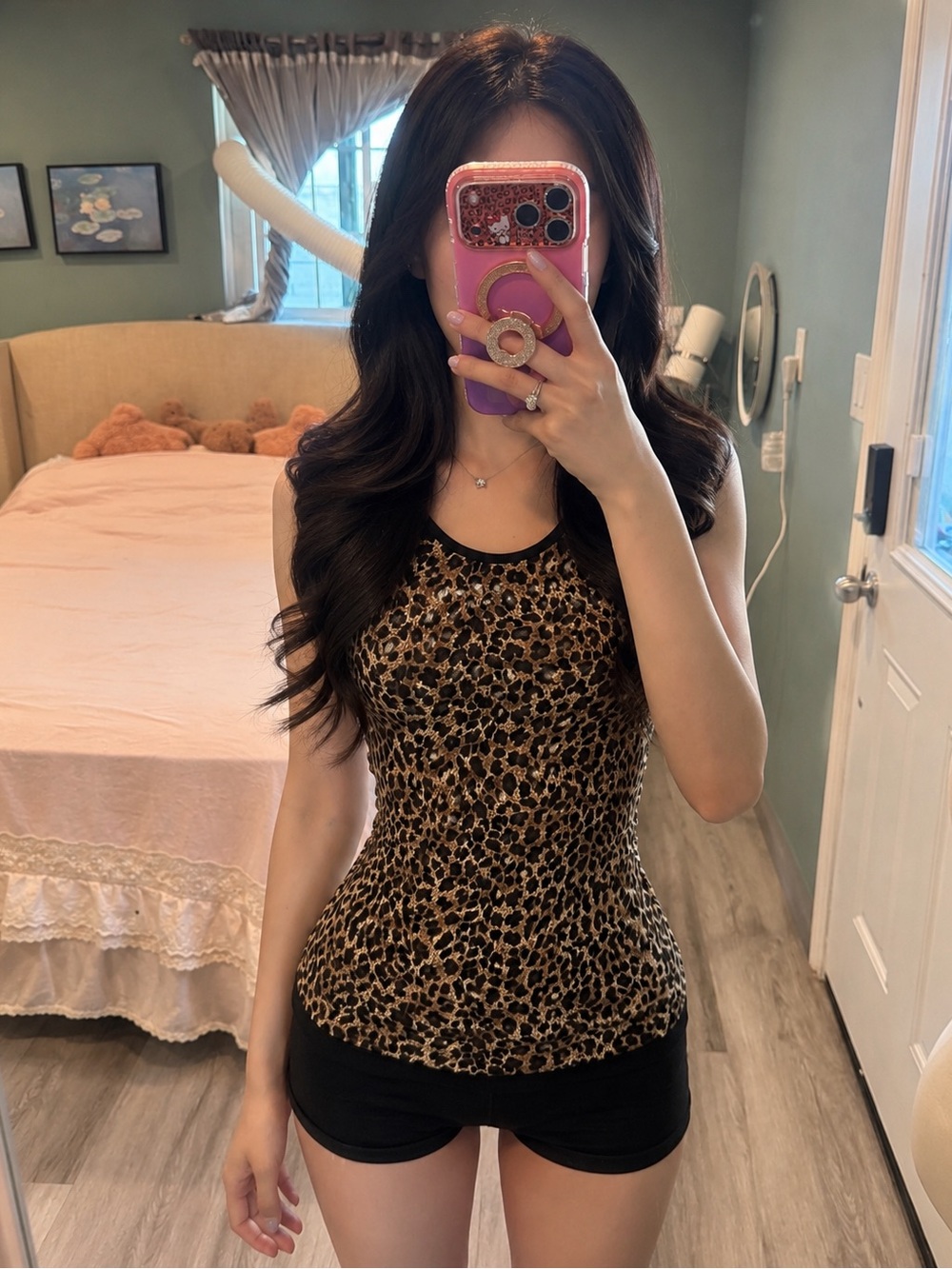 Vintage Leopard Print Beaded Tank Top Ruched Glam Y2K Mob Wife XS S